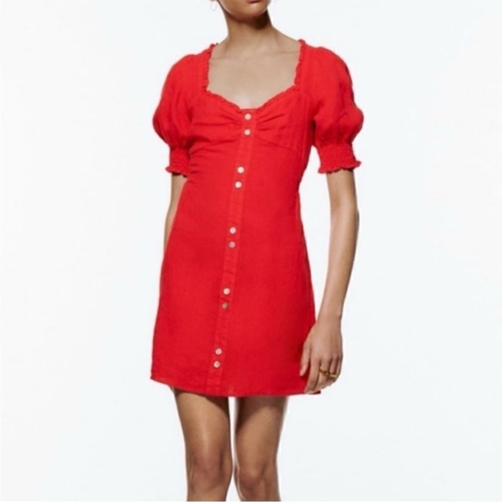 Zara Red Linen Sweetheart Ruffle Mini Dress Button Accent